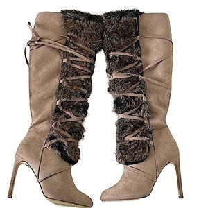 Suede Light Taupe Lace Up Faux Fur Boots